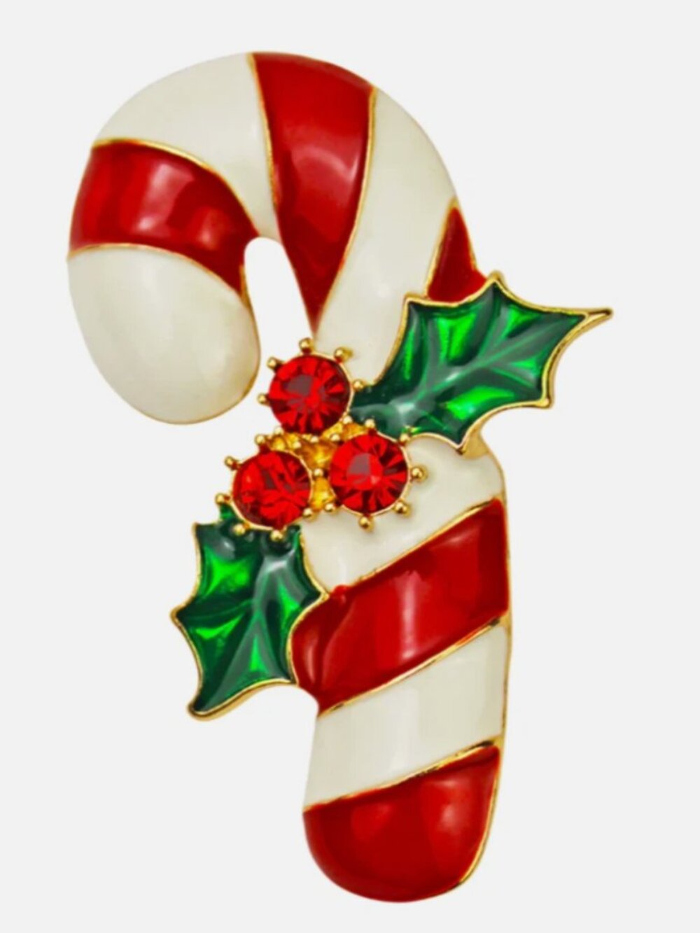 Kirks Folly Christmas Brooch Candy Cane Happy Holiday Pin Gold tone Enamel